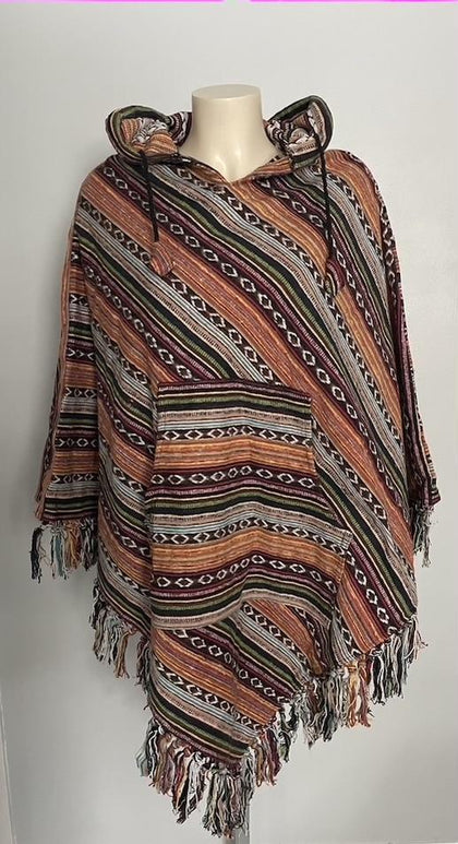 Hand Woven Warm Himalayan Cotton V Shaped Hooded Poncho with pocket in front