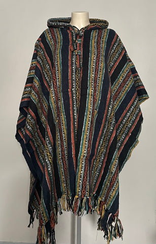 Hand Woven Warm Himalayan Cotton Hooded Poncho with pocket in front