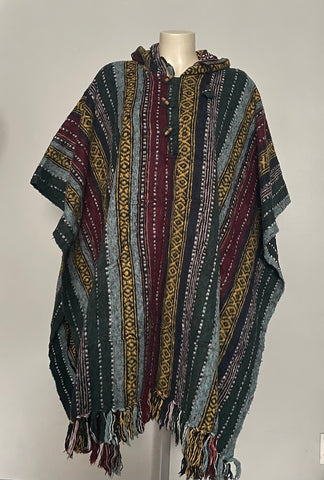 Hand Woven Warm Himalayan Cotton Hooded Poncho with pocket in front