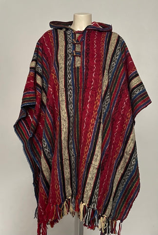 Hand Woven Warm Himalayan Cotton Hooded Poncho with pocket in front