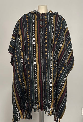 Hand Woven Warm Himalayan Cotton Hooded Poncho with pocket in front
