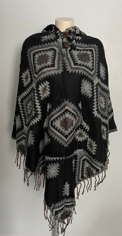 Warm Himalayan Wool V shaped Hooded Poncho with pocket in front